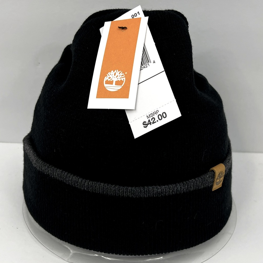 TIMBERLAND BLACK BEANIE, UNISEX, ONE SIZE FITS ALL, BEANIE WITH GREY ON THE CUFF